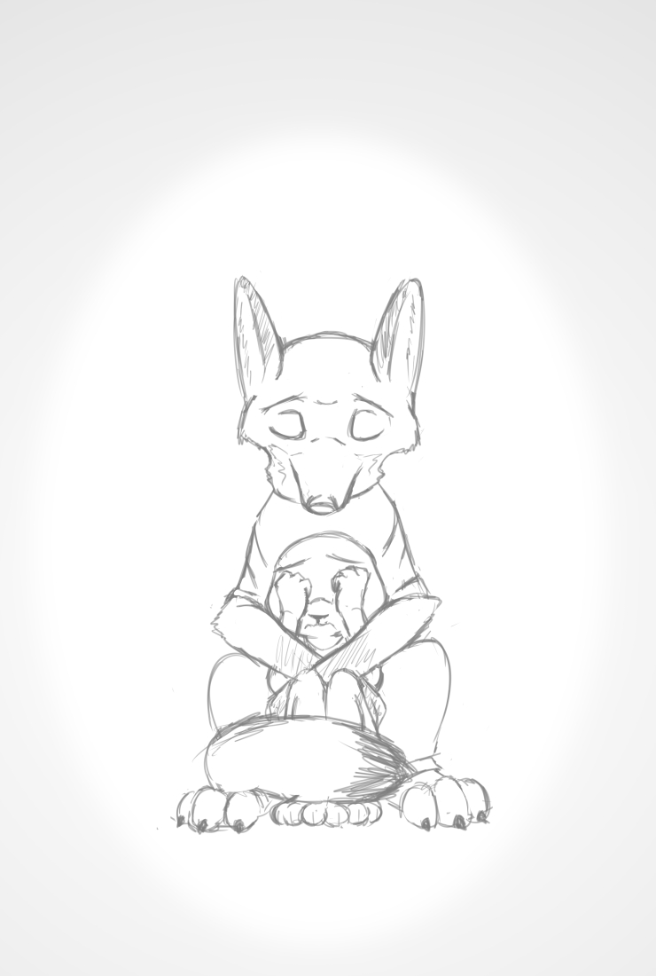 2017 akiric anthro black_and_white canine clothed clothing crouching disney duo eyes_closed female fox hug hugging_from_behind judy_hopps lagomorph male mammal monochrome nick_wilde plant rabbit sad simple_background white_background zootopia