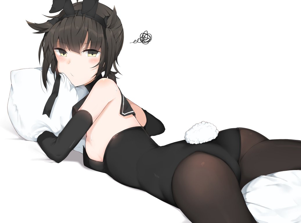 :/ alternate_costume animal_ears ass bangs bare_shoulders bed_sheet black_legwear black_leotard blunt_bangs blush breasts brown_hair bunny_ears bunny_girl bunny_tail bunnysuit closed_mouth cole eyebrows_visible_through_hair fake_tail green_eyes hair_flaps hairband hatsuzuki_(kantai_collection) kantai_collection legs_apart leotard looking_at_viewer lying object_hug on_stomach pantyhose pillow pillow_hug short_hair sideboob simple_background small_breasts solo squiggle tail white_background