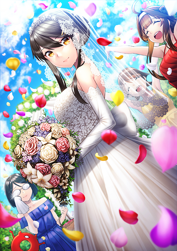 4girls alternate_costume alternate_hairstyle black_hair blue_dress blue_sky blush bouquet breasts brown_eyes brown_hair closed_mouth cloud crying double_bun dress elbow_gloves enemy_lifebuoy_(kantai_collection) eyebrows_visible_through_hair eyes_closed flipped_hair flower glasses gloves hair_between_eyes hair_ornament hairclip hands_up haruna_(kantai_collection) hiei_(kantai_collection) kantai_collection kirishima_(kantai_collection) kongou_(kantai_collection) kyon_(fuuran) large_breasts long_hair looking_at_viewer multiple_girls open_mouth petals red_dress rose short_hair sky strapless strapless_dress tiara wedding wedding_dress white_dress white_gloves yellow_dress