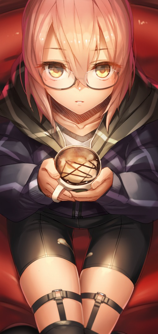 artoria_pendragon_(all) bangs bike_shorts black-framed_eyewear black_legwear black_shorts blonde_hair coffee cowboy_shot cup eyebrows_visible_through_hair eyelashes fate/grand_order fate_(series) from_above glasses holding holding_cup hood hood_down hooded_jacket jacket long_sleeves looking_at_viewer mysterious_heroine_x_(alter) no_scarf parted_lips plaid school_uniform semi-rimless_eyewear shiny shiny_hair shorts sitting solo spill steam suggestive_fluid tef thigh_gap thigh_strap thighhighs under-rim_eyewear v-neck yellow_eyes zipper