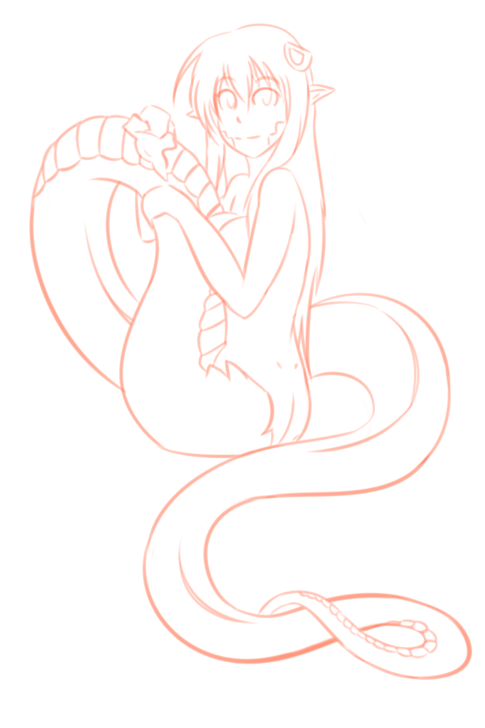 breasts butt female hair holding_tail humanoid lamia line_art long_hair long_tail looking_at_viewer miia_(monster_musume) monster_girl_(genre) monster_musume nude pointy_ears reptile scales scalie simple_background sitting sketch snake solo thundragon white_background