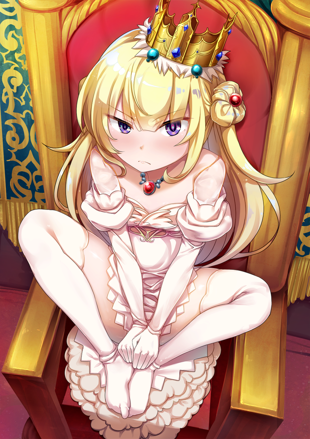 &gt;:( bangs blunt_bangs blush bright_pupils closed_mouth crown dress elbow_gloves eyebrows_visible_through_hair flat_chest from_above frown furrowed_eyebrows gem gloves hair_bun highres indian_style jewelry knees_apart_feet_together long_hair looking_at_viewer looking_up necklace original own_hands_together pendant princess purple_eyes ruby_(stone) shiny shiny_hair short_dress sitting solo sorano_(12gou) thighhighs throne v-shaped_eyebrows v_arms white_dress white_gloves white_legwear zettai_ryouiki