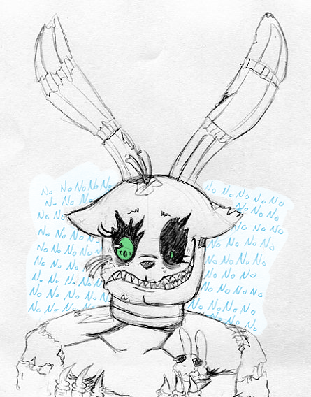 2015 animatronic anthro dialogue duo english_text exposed_endoskeleton five_nights_at_freddy's five_nights_at_freddy's_4 green_eyes inkyfrog lagomorph machine male mammal nightmare_bonnie_(fnaf) rabbit restricted_palette robot sharp_teeth simple_background solo_focus teeth text traditional_media_(artwork) video_games white_background