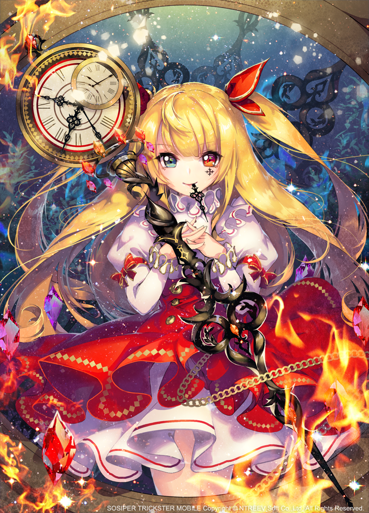 apple_caramel blonde_hair blue_eyes bow clock dress fire gem hair_bow hands_together heterochromia long_hair looking_at_viewer mouth_hold official_art red_dress red_eyes smile solo trickster watermark