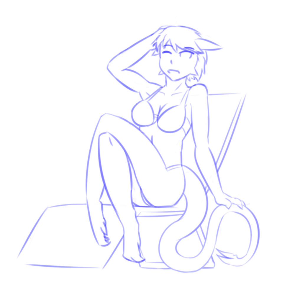 armpits breasts butt chair cleavage clothed clothing crossed_legs female hair hand_behind_head hand_on_tail humanoid line_art navel one_eye_closed open_mouth partially_clothed raised_arm short_hair simple_background sitting sketch skimpy solo swimsuit tennegrin thundragon white_background zeraphy