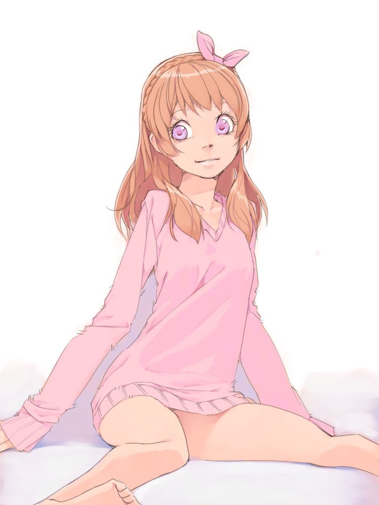 1girl aikatsu! aikatsu!_(series) akinbo_(hyouka_fuyou) barefoot bow braid brown_hair collarbone crown_braid hair_bow long_hair looking_at_viewer naked_sweater oozora_akari pink_bow pink_eyes pink_sweater shiny shiny_hair simple_background sitting sketch smile soles solo sweater white_background