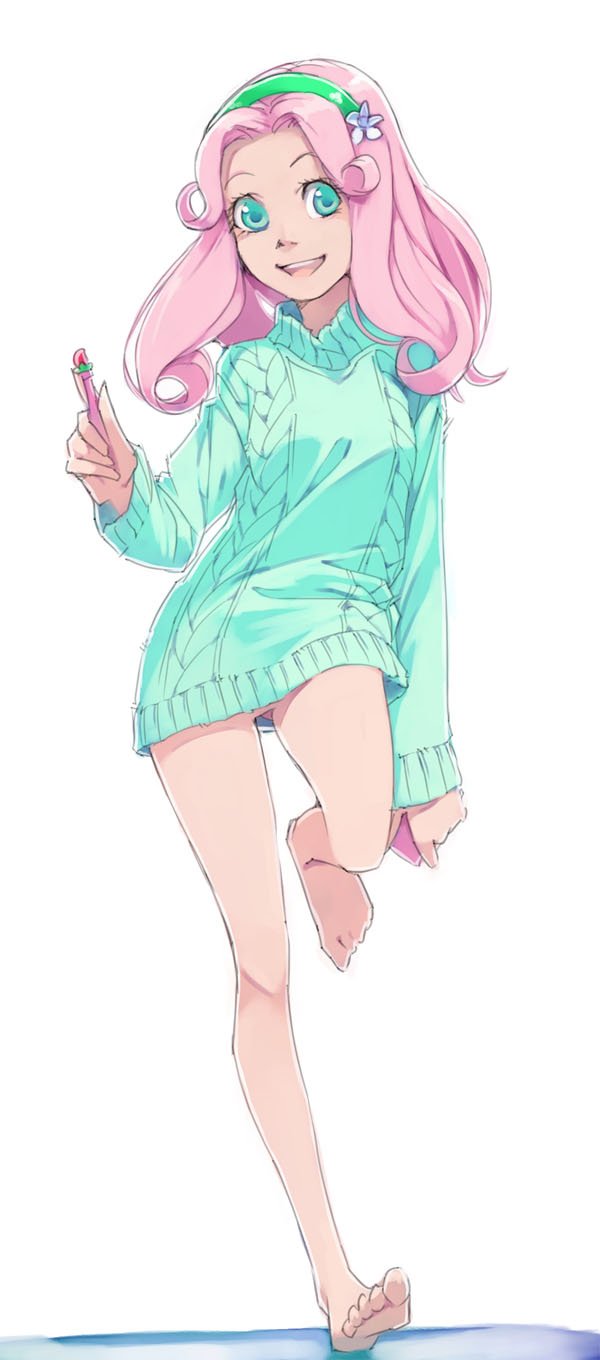 1girl :d akinbo_(hyouka_fuyou) aqua_sweater floating_hair flower full_body green_eyes green_hairband hair_flower hair_ornament hairband hanami_kotoha highres holding holding_pen leg_up long_hair long_sleeves looking_at_viewer mahou_girls_precure! naked_sweater no_panties no_pussy open_mouth pen pink_hair precure shiny shiny_hair simple_background smile solo standing standing_on_one_leg sweater white_background