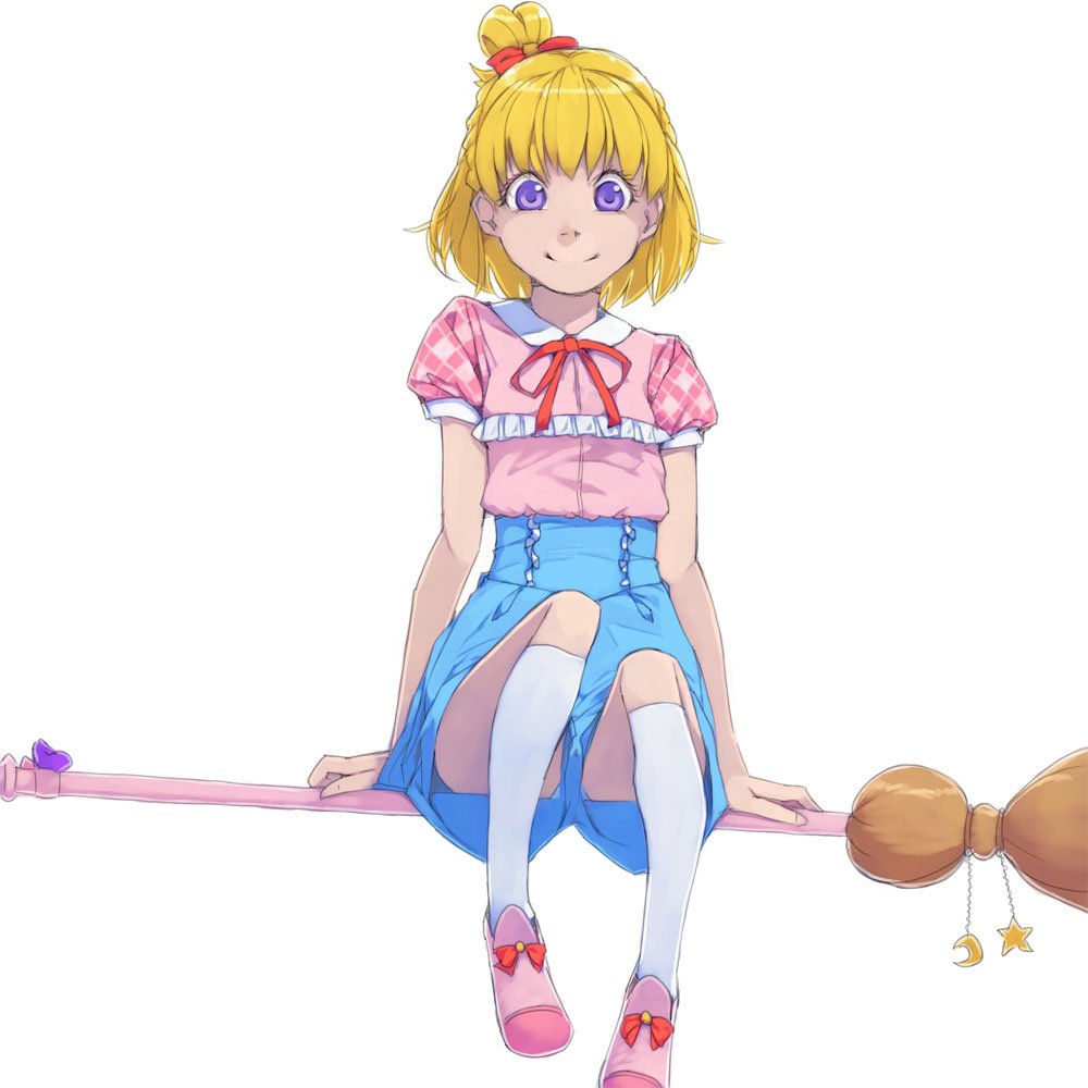 1girl akinbo_(hyouka_fuyou) asahina_mirai bangs blonde_hair blue_shorts bow broom broom_riding hair_bow high-waist_shorts looking_at_viewer mahou_girls_precure! neck_ribbon one_side_up pink_footwear pink_shirt precure purple_eyes red_bow red_ribbon ribbon shiny shiny_hair shirt short_hair short_sleeves shorts simple_background smile solo white_background