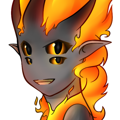 elemental female fire fire_elemental flaming_hair four_eyes fyxx grey_skin hair humanoid looking_at_viewer multi_eye open_mouth pointy_ears portrait smile solo thundragon