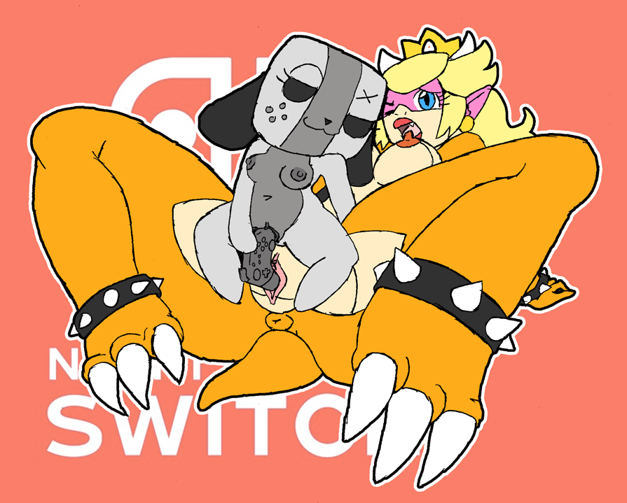anus blonde_hair blue_eyes breasts claws controller crown dildo female female/female hair horn invalid_tag koopa mario_bros nintendo nipples princess_peach pussy scales scalie sex_toy sharp_claws switch_dog transformation tryfag_(artist) vaginal video_games