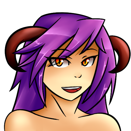 demon doom female hair hell_knight horn humanoid looking_at_viewer not_furry open_mouth portrait purple_hair slit_pupils smile solo thundragon video_games