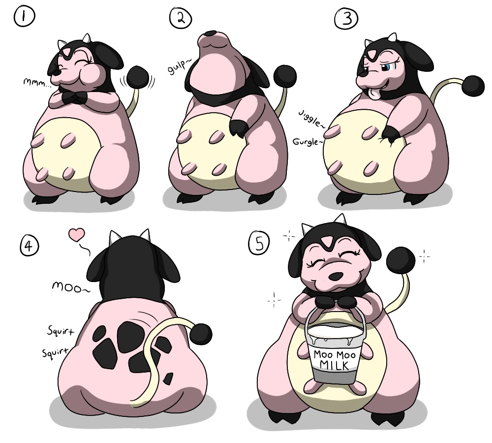 &lt;3 belly big_belly black_nose bovine breast_milking cattle comic cute digital_media_(artwork) english_text female feral hooves horn invalid_tag lactating mammal milk nintendo pok&eacute;mon simple_background smile solo teats text tongue tongue_out udders video_games vore waffurukitsune white_background