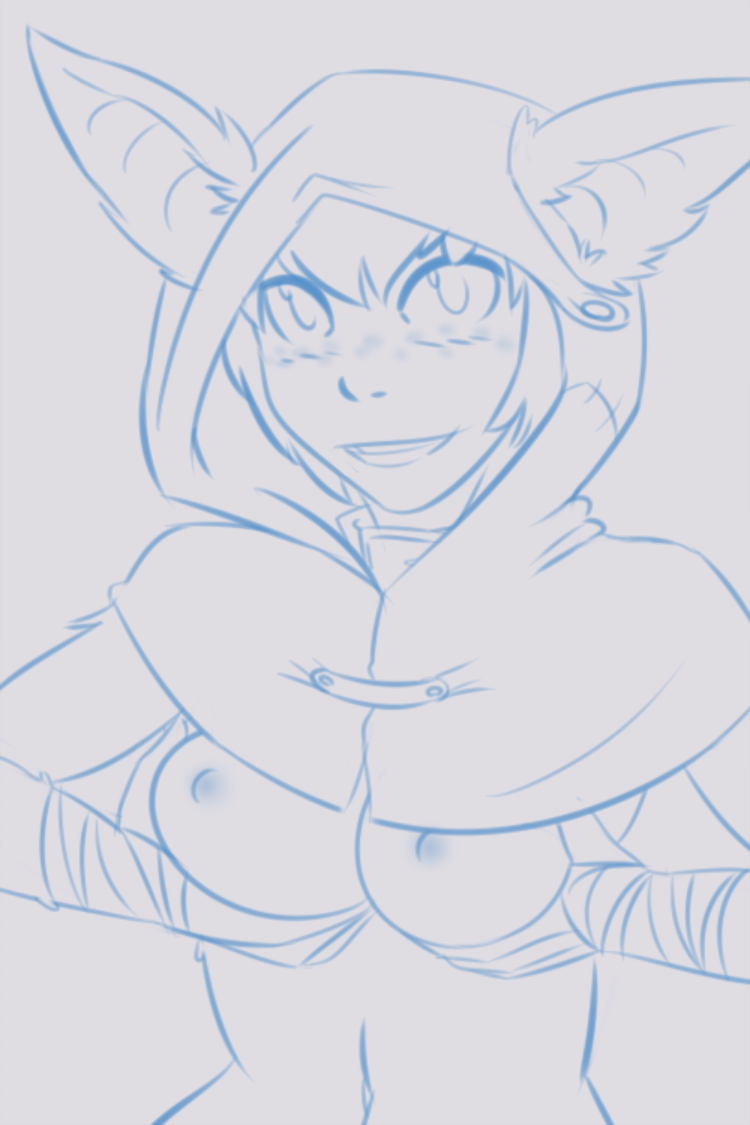 anthro breast_grab breasts clothed clothing female freckles fur hair hand_on_breast hand_wraps holding_breast hood line_art looking_at_viewer mammal navel nipples presenting presenting_breasts short_hair sketch smile solo standing teeth thundragon topless unknown_species wraps