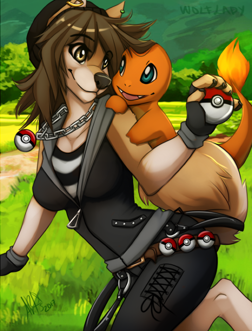 anthro brown_eyes canine charmander clothed clothing day detailed_background dog duo female feral grass mammal nintendo outside pok&eacute;ball pok&eacute;mon size_difference smile smole video_games wolflady