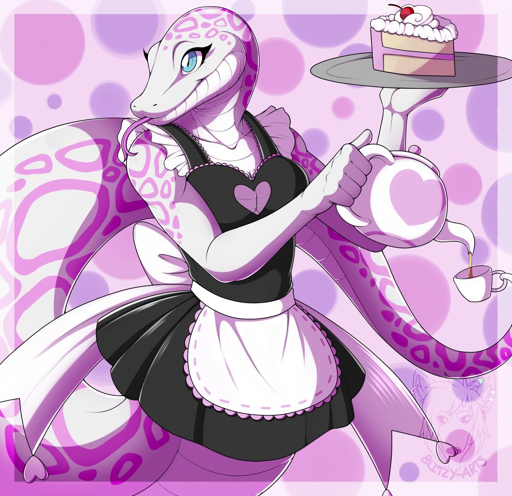 &lt;3 blue_eyes cake clothing cup_of_tea female food maid_uniform phyton reptile scalie snake uniform