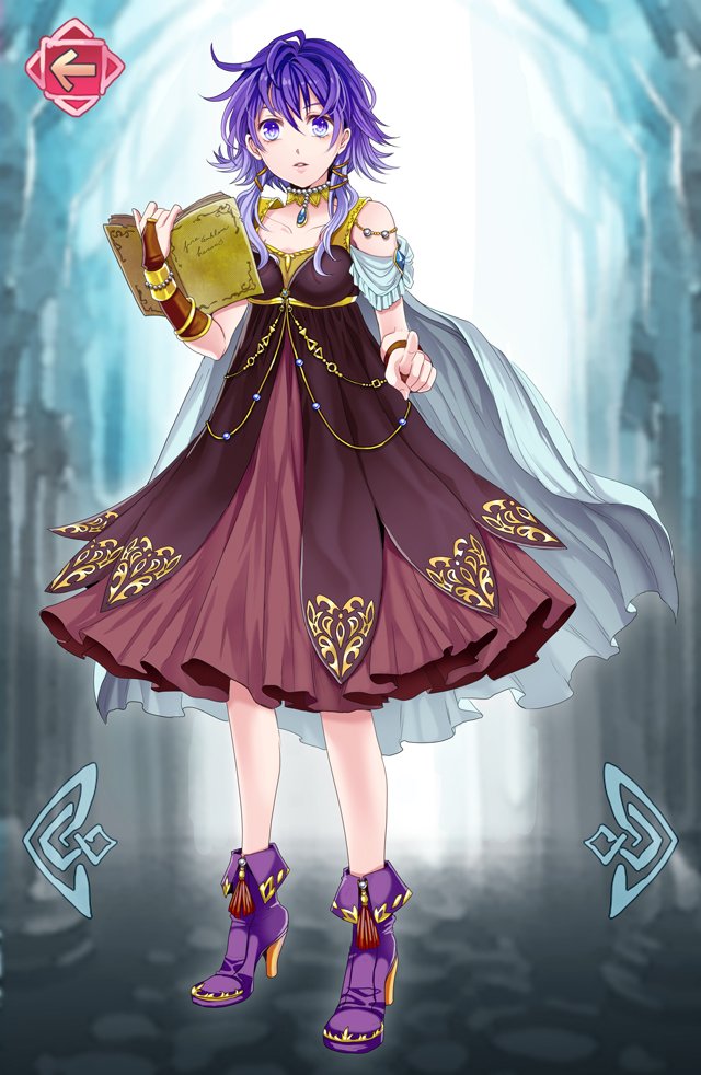 bare_shoulders blue_cape book boots bridal_gauntlets cape choker directional_arrow dress fake_screenshot fire_emblem fire_emblem:_seima_no_kouseki fire_emblem_heroes full_body high_heel_boots high_heels jewelry low_twintails lute_(fire_emblem) open_book pointing pointing_at_viewer purple_dress purple_eyes purple_footwear purple_hair short_hair solo tsuuko_(25mnts) twintails