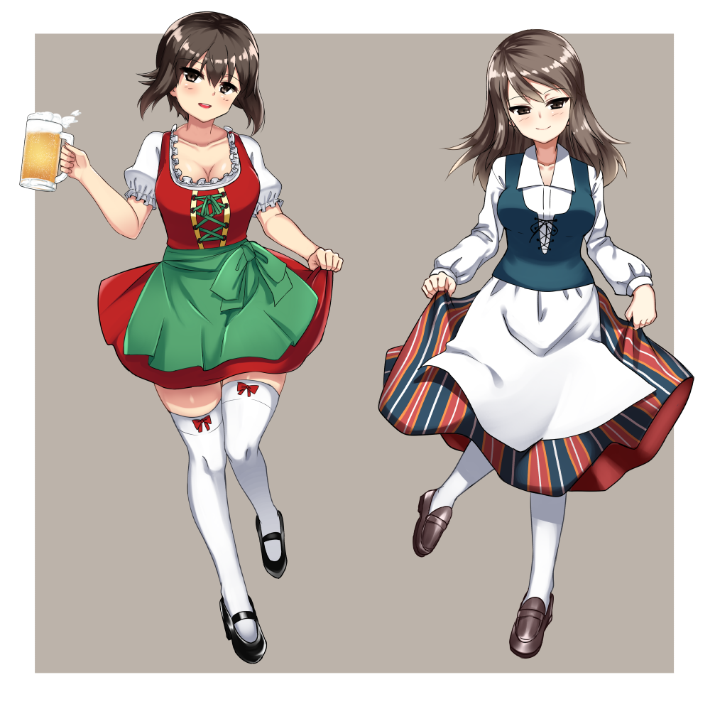 alcohol apron beer beer_mug black_footwear blue_dress bow_legwear breasts brown_eyes brown_footwear brown_hair cleavage closed_mouth commentary cup dirndl dress finnish_clothes frilled_dress frills full_body german_clothes girls_und_panzer green_apron grey_background hikyakuashibi holding holding_cup leg_up loafers long_dress long_hair long_sleeves looking_at_viewer mary_janes medium_breasts mika_(girls_und_panzer) multiple_girls nishizumi_maho outside_border pantyhose parted_lips puffy_short_sleeves puffy_sleeves red_dress shoes short_dress short_hair short_sleeves skirt_hold smile standing standing_on_one_leg striped thighhighs traditional_clothes vertical-striped_dress vertical_stripes waist_apron white_legwear