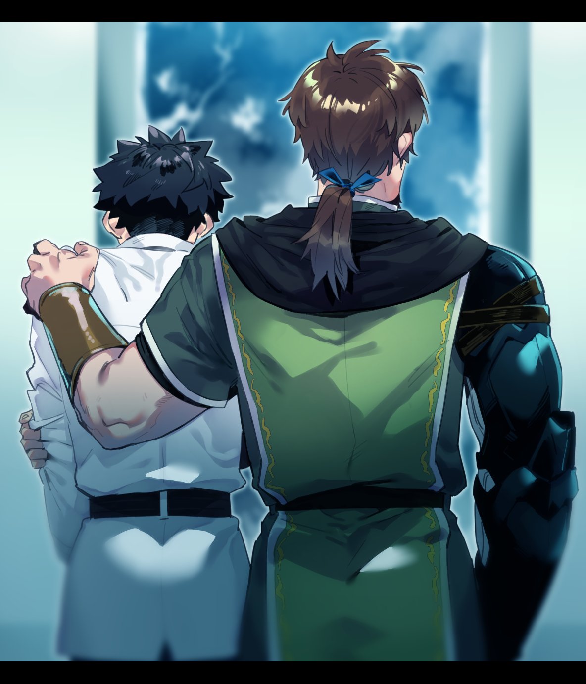 2boys belt black_belt black_cape black_hair blue_ribbon brown_hair cape facial_hair fate/grand_order fate_(series) fujimaru_ritsuka_(male) goatee grabbing_own_arm green_tabard green_tunic hand_on_another's_shoulder hector_(fate) highres imoda jacket male_focus mechanical_arms multiple_boys ribbon short_hair single_mechanical_arm tabard white_jacket yaoi