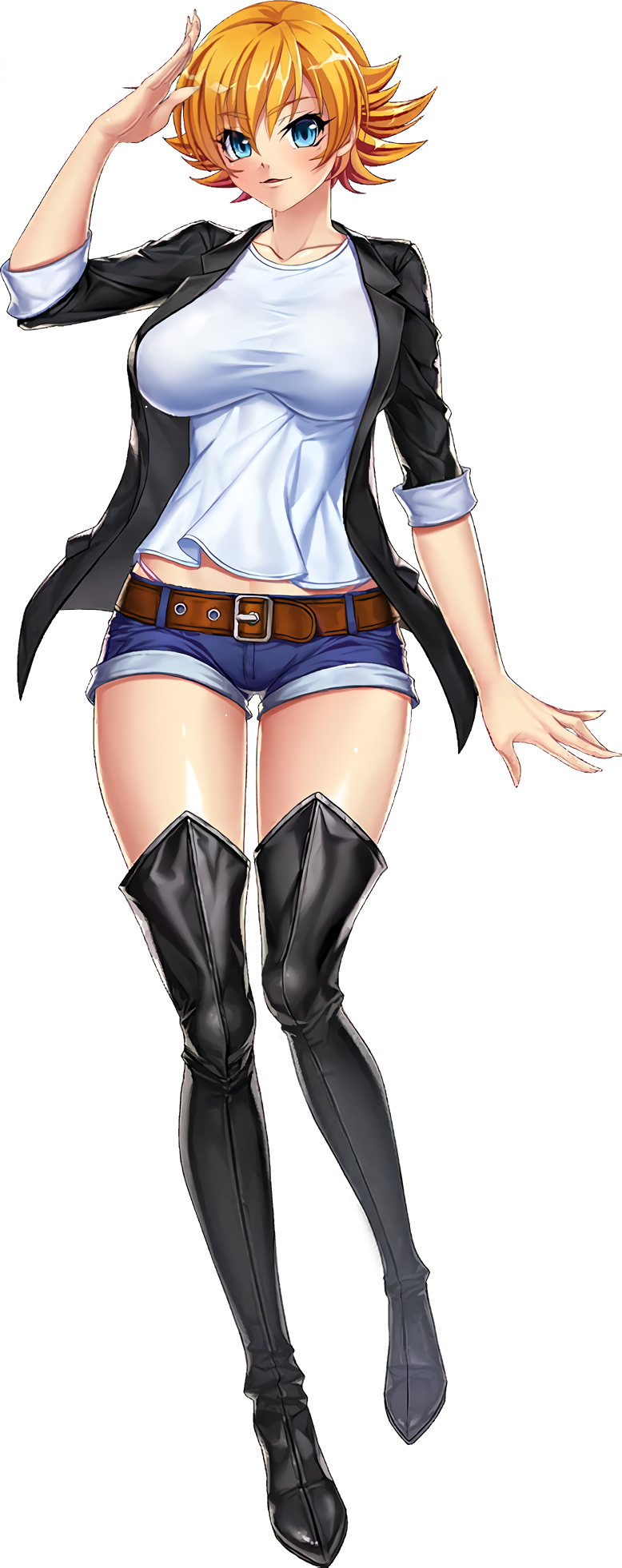 1girl action_taimanin alternate_costume belt blonde_hair blue_eyes boots breasts casual full_body highres igawa_sakura jacket large_breasts lilith-soft official_art short_hair short_shorts shorts simple_background smile solo taimanin_(series) taimanin_rpgx thigh_boots
