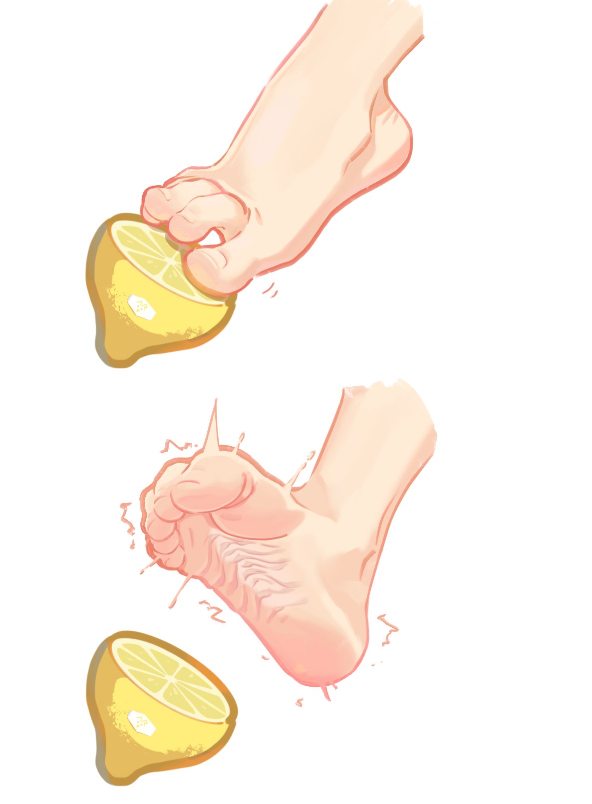 1other barefoot commentary_request disembodied_foot feet food foot_focus fruit highres lemon meme original simple_background soles thour_(meme) toe_scrunch toenails toes v.a._(vanilla) white_background