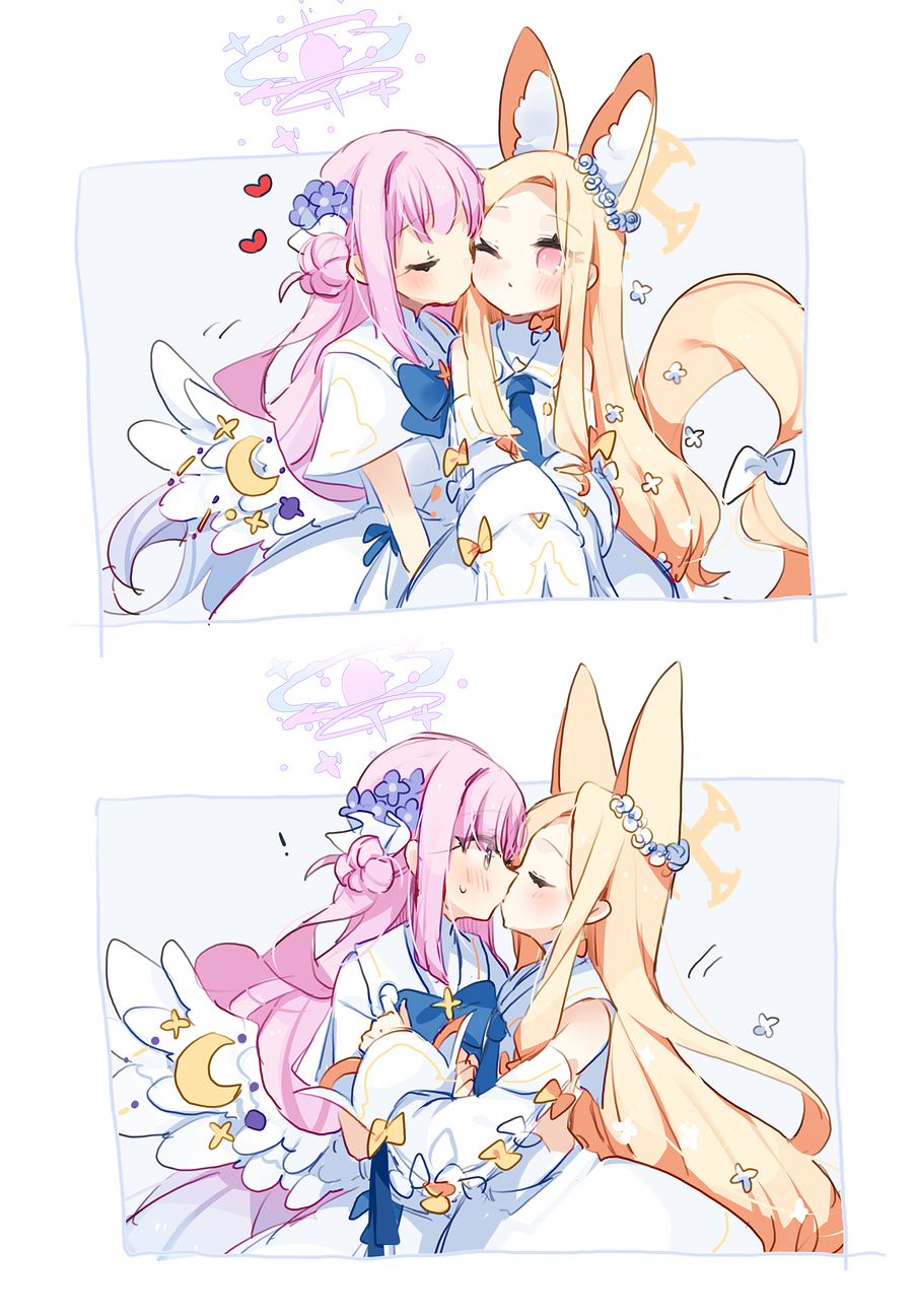 ! 2girls angel_wings animal_ear_fluff animal_ears bare_shoulders blonde_hair blue_archive blush capelet closed_eyes commentary_request detached_sleeves dress flower hair_bun hair_flower hair_ornament halo heart highres kiss long_hair mika_(blue_archive) multiple_girls one_eye_closed pink_hair pink_halo purple_flower seia_(blue_archive) single_side_bun tail white_capelet white_dress white_wings wide_sleeves wings yellow_eyes yellow_halo yun_(dust-i1) yuri