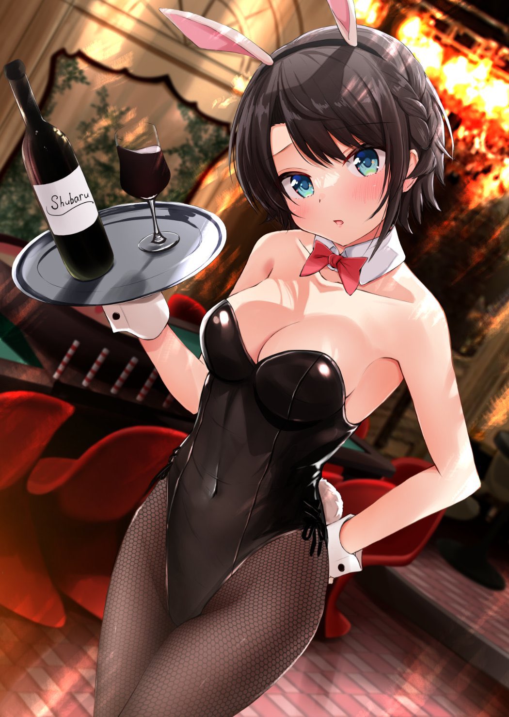 1girl alcohol alternate_costume animal_ears black_leotard blue_eyes blush bottle bow bowtie breasts brown_hair cleavage commentary_request cover covered_navel cup detached_collar drinking_glass dutch_angle ex_idol fake_animal_ears fake_tail fishnet_pantyhose fishnets head_tilt highres holding holding_tray hololive indoors leotard looking_at_viewer medium_breasts oozora_subaru open_mouth pantyhose playboy_bunny rabbit_ears rabbit_tail red_bow red_bowtie short_hair solo standing strapless strapless_leotard swept_bangs tail textless_version tray twitter_username virtual_youtuber wine wine_bottle wine_glass wrist_cuffs