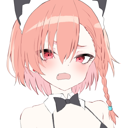 1girl animal_ears bare_shoulders bikini black_bikini black_bow black_bowtie blue_archive blush bow bowtie braid dot_nose earrings fake_animal_ears fang hair_between_eyes jewelry looking_at_viewer lowres maid_headdress neru_(blue_archive) open_mouth orange_hair red_eyes short_hair simple_background solo swimsuit usamiusamimii white_background