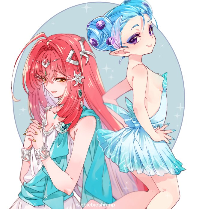 2girls artist_name blue_dress blue_hair blush bracelet breasts champion's_tunic_(zelda) cleavage closed_mouth cowboy_shot dress elf eyeshadow fingernails hair_between_eyes hair_ornament hand_on_own_chest humanization jewelry lipstick looking_at_viewer makeup mipha multiple_girls nail_polish pointy_ears princess_ruto purple_eyes red_hair shuri_(84k) sideboob sidelocks simple_background skirt smile the_legend_of_zelda the_legend_of_zelda:_breath_of_the_wild the_legend_of_zelda:_ocarina_of_time white_dress yellow_eyes