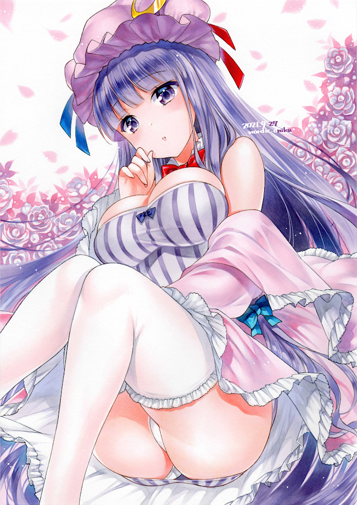 1girl 2021 artist_name bare_shoulders blue_bow blue_ribbon blunt_bangs blush bow bowtie breasts cleavage commentary_request crescent crescent_hat_ornament curvy dated dress falling_petals feet_out_of_frame floral_background flower foreshortening frilled_thighhighs frills hair_bow hand_up hat hat_ornament hat_ribbon knees_together_feet_apart large_breasts long_hair marker_(medium) mob_cap nordic_niku panties panty_peek parted_lips patchouli_knowledge petals purple_dress purple_eyes purple_hair purple_hat red_bow red_bowtie red_ribbon ribbon rose short_dress sidelocks simple_background sitting sleeveless sleeveless_dress solo straight_hair striped_clothes striped_dress thighhighs thighs touhou traditional_media underwear vertical-striped_clothes vertical-striped_dress very_long_hair white_background white_flower white_panties white_rose white_thighhighs