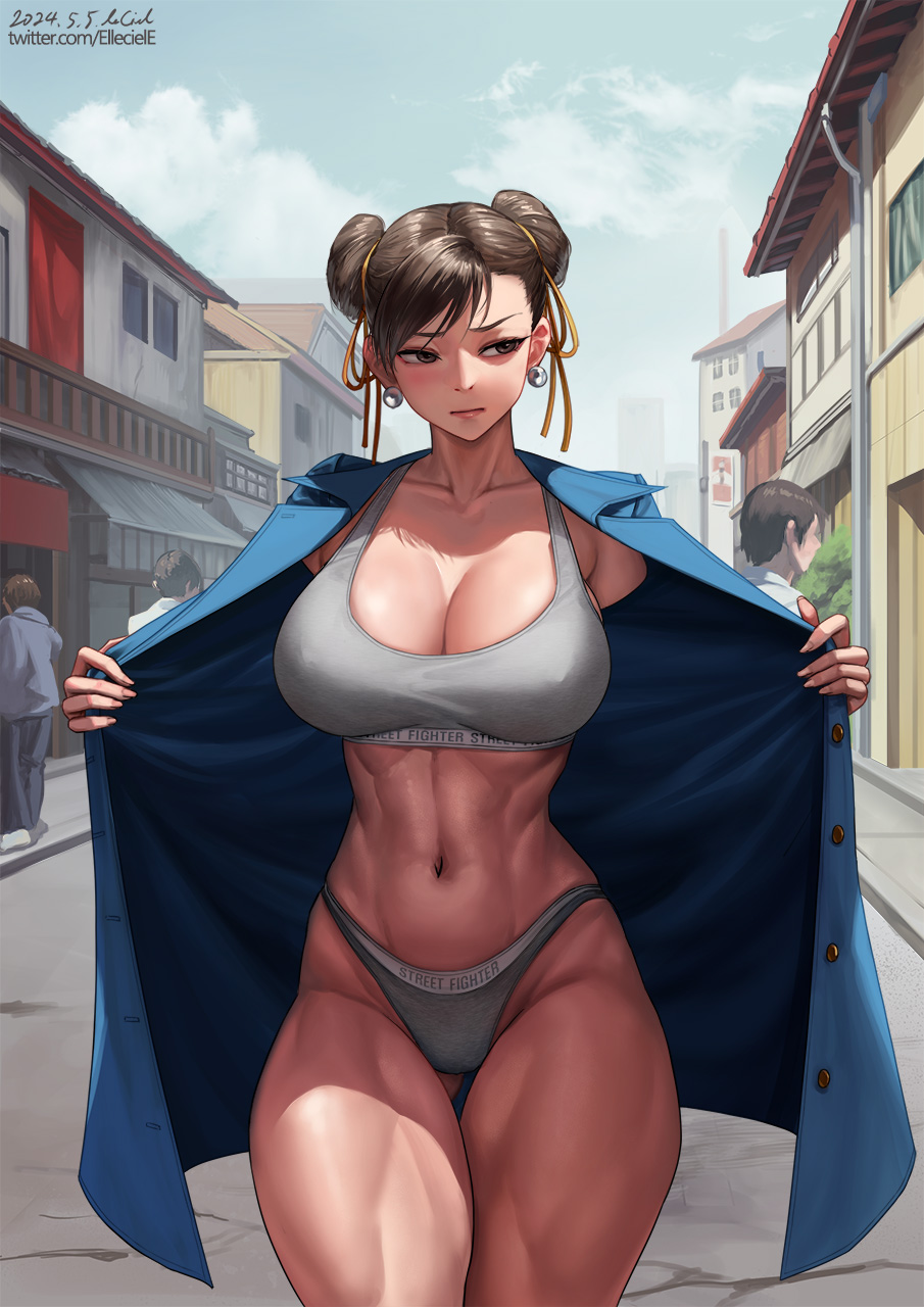 1girl 3boys abs averting_eyes blue_jacket breasts brown_eyes brown_hair chun-li closed_mouth clothes_writing collarbone copyright_name dated double_bun earrings elleciel.eud english_commentary exhibitionism flashing grey_panties grey_sports_bra hair_bun highleg highleg_panties highres jacket jewelry large_breasts multiple_boys navel open_clothes open_jacket open_mouth outdoors panties public_indecency road solo_focus sports_bra street street_fighter swept_bangs twitter_username underwear