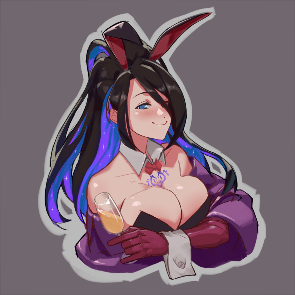 1girl animal_ears arm_under_breasts bad_link black_hair blue_eyes blush bow bowtie breasts breasts_squeezed_together brown_dust_2 chest_tattoo cleavage collar colored_inner_hair cropped_torso cup drinking_glass eclipse_(brown_dust_2) fake_animal_ears full-face_blush gloves grey_background hair_over_one_eye holding holding_cup jacket large_breasts long_hair multicolored_hair off_shoulder outline ponytail purple_hair purple_jacket rabbit_ears red_bow red_bowtie red_gloves simple_background smile solo stealthmoves tattoo wavy_mouth white_collar white_outline white_wrist_cuffs wine_glass wrist_cuffs