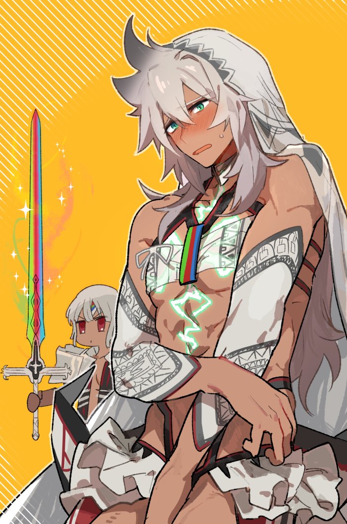 1girl altera_(fate) altera_(fate)_(cosplay) balmung_(fate/apocrypha) bare_shoulders blush cosplay costume_switch dark_skin detached_sleeves fate/apocrypha fate/grand_order fate_(series) green_eyes long_hair me_(mikannu) open_mouth photon_ray red_eyes siegfried_(fate) siegfried_(fate)_(cosplay) sword veil weapon white_hair
