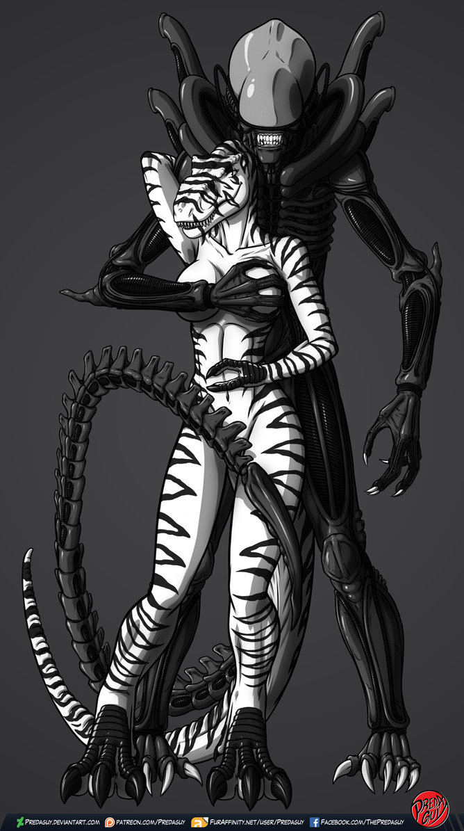 alien alien_(franchise) amora anthro breasts digital_media_(artwork) dinosaur female nude predaguy theropod tyrannosaurus_rex xenomorph