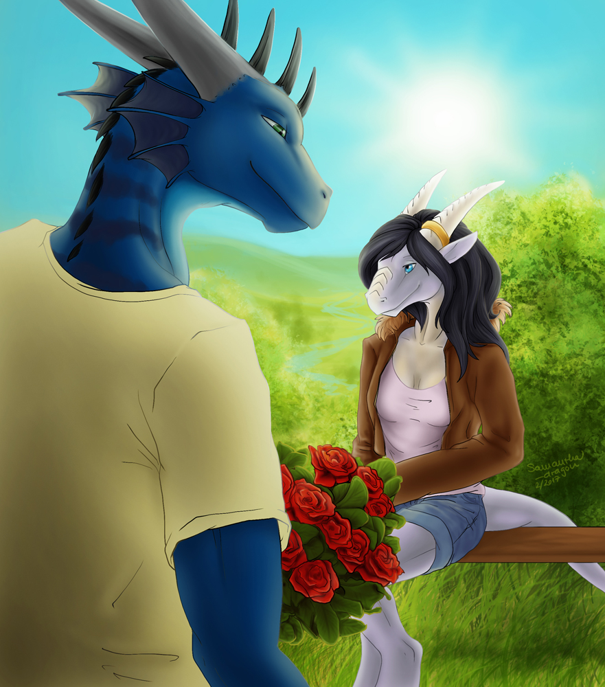 2017 anthro bench black_hair blue_eyes bouquet_of_flowers clothing dragon eira_(thorai) female flower giftart grass green_eyes hair happy head_spikes holidays horn horn_ring jacket male maledivus_(character) nature not_a_couple outside plant red_flowers rose samantha-dragon shirt shorts sitting smile standing stripes t-shirt valentine's_day