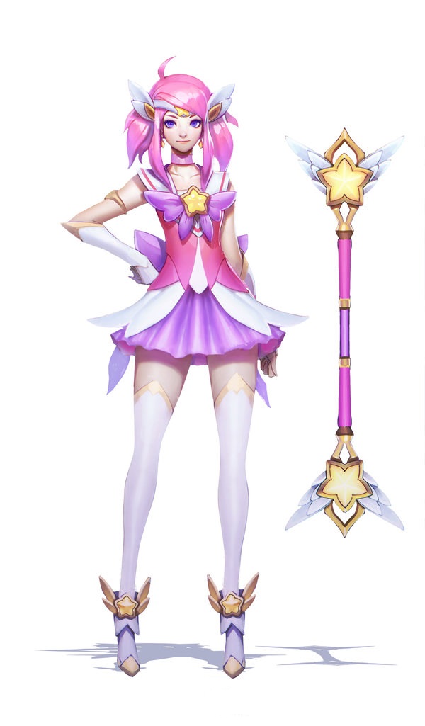 1girl alternate_costume alternate_hair_color alternate_hairstyle brooch choker concept_art earrings elbow_gloves full_body gloves hand_on_hip highres jewelry league_of_legends luxanna_crownguard magical_girl official_art paul_kwon pink_hair solo standing star star_guardian_lux thighhighs tiara wand zettai_ryouiki
