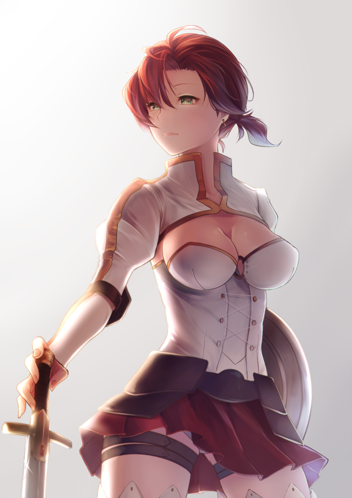 bangs boudica_(fate/grand_order) breasts cleavage closed_mouth commentary_request corset cowboy_shot earrings fate/grand_order fate_(series) faulds floating_hair green_eyes hair_between_eyes holding holding_shield holding_sword holding_weapon jewelry koruta_(nekoimo) large_breasts looking_to_the_side o-ring o-ring_top parted_bangs pleated_skirt red_hair red_skirt shield short_hair shrug_(clothing) skirt sleeves_past_elbows solo standing sword thigh_strap thighhighs thighs weapon