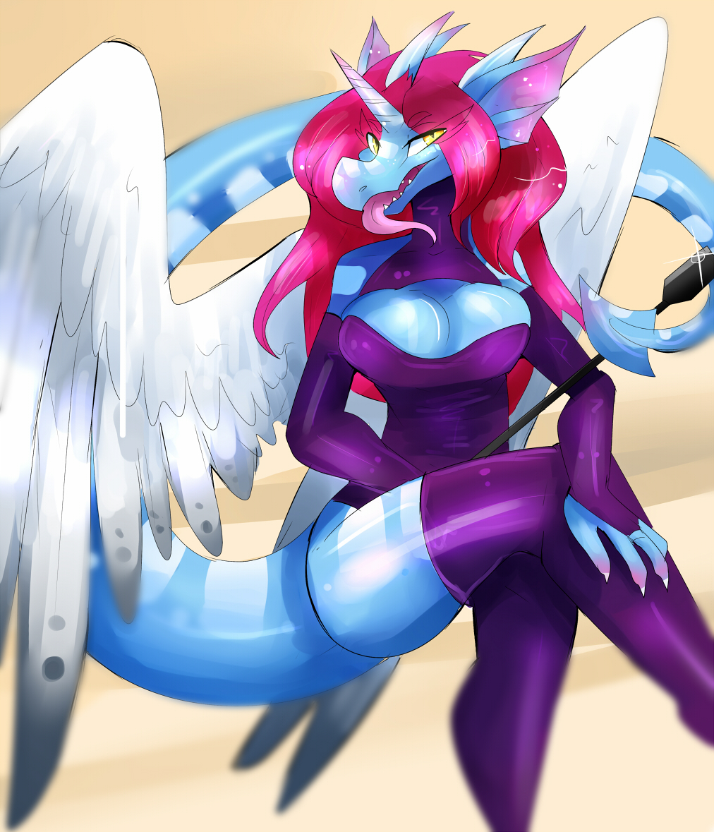 amethystdust anthro clothed clothing dragon female hair horn looking_at_viewer riding_crop solo tongue tongue_out whip wings