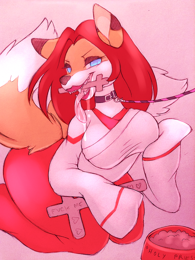 anthro big_breasts blue_eyes breasts canine clothing collar cross drooling female fox hair leash lipstick makeup mammal napdust object_in_mouth open_mouth red_hair saliva tongue tongue_out