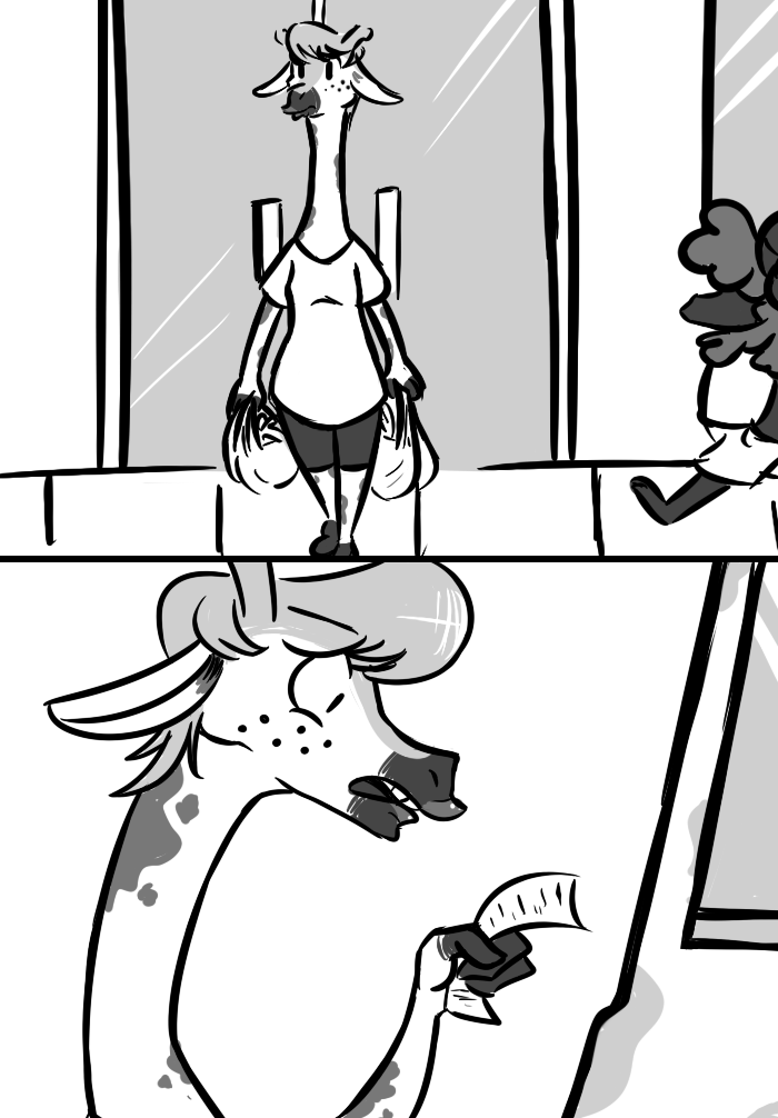 2017 anthro caprine clothed clothing comic disney duo edy_(inkyfrog) fan_character female freckles giraffe greyscale horn inkyfrog mammal monochrome sheep solo_focus story story_in_description zootopia