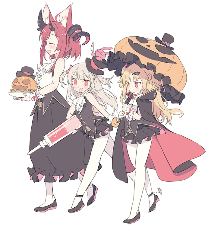 3girls :d akatsuki_yuni animal_ear_fluff ascot asymmetrical_horns bangs bare_shoulders black_cape black_footwear black_hat black_skirt black_vest blade_(galaxist) blonde_hair blood blush bow breasts brown_hair cape closed_mouth commentary_request crossover curled_horns eyebrows_visible_through_hair eyes_closed fang hair_bow hair_ornament hairclip hat holding holding_plate holding_syringe holding_umbrella jack-o'-lantern knife large_syringe long_hair long_skirt magrona magrona_channel medium_breasts mini_hat mini_top_hat multicolored multicolored_cape multicolored_clothes multiple_crossover multiple_girls natori_sana open_mouth orange_umbrella oversized_object pantyhose plaid plate pleated_skirt red_bow red_cape red_eyes red_hair sana_channel shirt shoes simple_background skirt sleeveless sleeveless_shirt smile standing standing_on_one_leg stuffed_animal stuffed_bunny stuffed_toy syringe themed_object tilted_headwear top_hat two_side_up umbrella uni_channel very_long_hair vest virtual_youtuber white_background white_legwear white_neckwear white_shirt wrist_cuffs