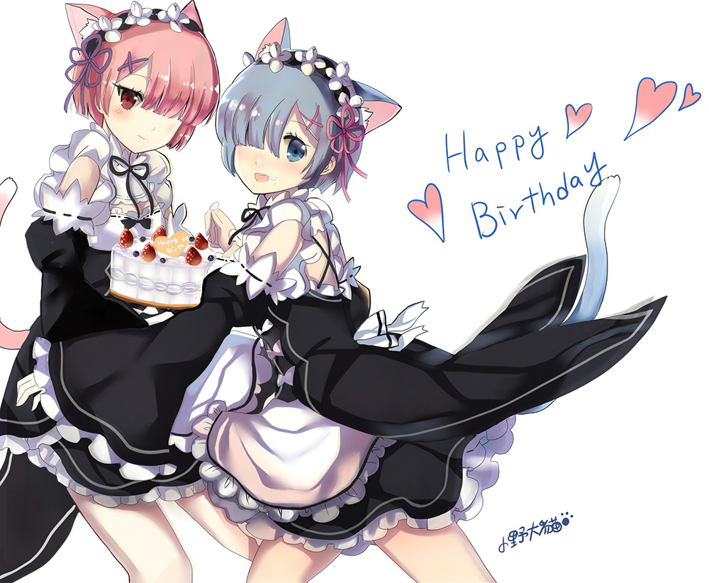 animal_ears apron artist_name bangs birthday blue_eyes blue_hair blueberry blunt_bangs blush brown_eyes cake cat_ears cat_tail closed_mouth collar commentary_request detached_collar detached_sleeves food frilled_apron frilled_collar frilled_sleeves frills fruit hair_ornament hair_over_one_eye hair_ribbon happy_birthday heart holding holding_food looking_at_viewer looking_back lunacats maid maid_headdress multiple_girls open_mouth pink_hair pink_ribbon purple_ribbon ram_(re:zero) re:zero_kara_hajimeru_isekai_seikatsu rem_(re:zero) ribbon short_hair siblings signature simple_background sisters smile strawberry tail teeth twins waist_apron white_background wide_sleeves x_hair_ornament
