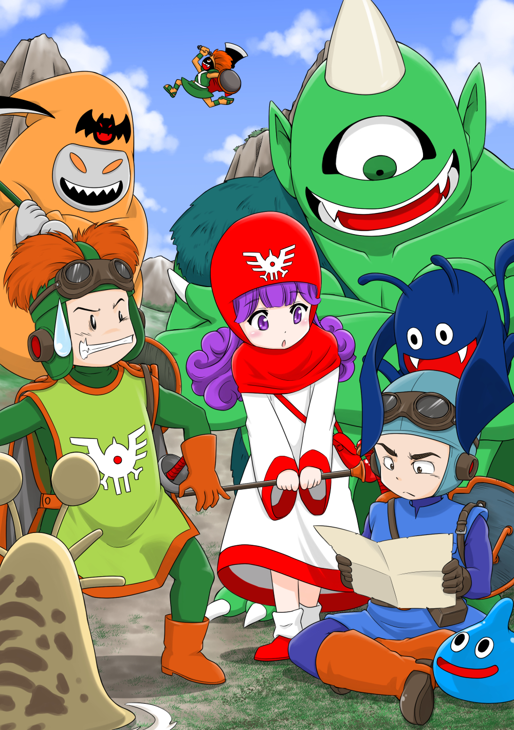 1girl 2boys bangs bat brown_hair character_request clenched_teeth cloud creature cyclops dragon_quest fangs furatto giggles gloves goggles goggles_on_head green_eyes horn indian_style monster multiple_boys orange_hair outdoors purple_eyes purple_hair shield sitting sky slime slime_(dragon_quest) staff standing sweatdrop