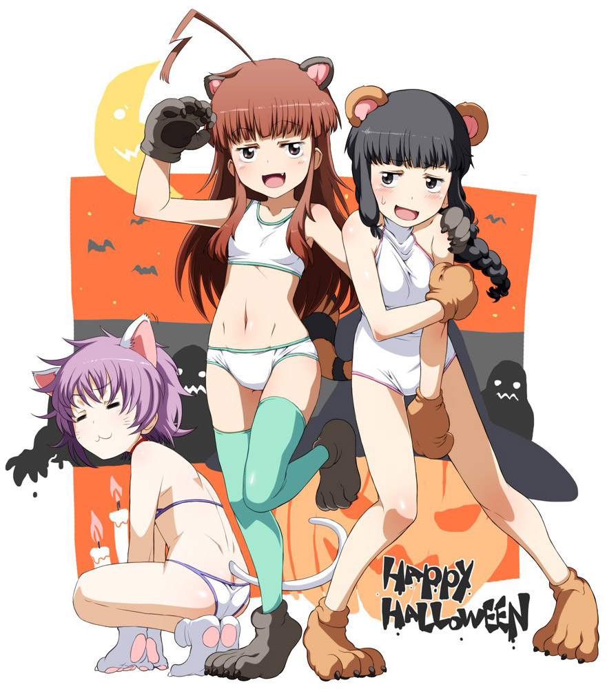 :3 =_= ahoge animal_ears aqua_legwear arm_around_shoulder bare_shoulders bat bear_ears bear_girl black_eyes black_hair blush brown_eyes brown_hair candle cat_ears cat_tail covering covering_breasts covering_crotch fang gloves halloween jack-o'-lantern kantai_collection kitakami_(kantai_collection) kuma_(kantai_collection) leg_up long_hair looking_at_viewer midriff moon multiple_girls navel open_mouth paw_gloves paw_shoes paws purple_hair raccoon_ears raccoon_tail shoes squatting sweatdrop tabigarasu tail tama_(kantai_collection) thighhighs