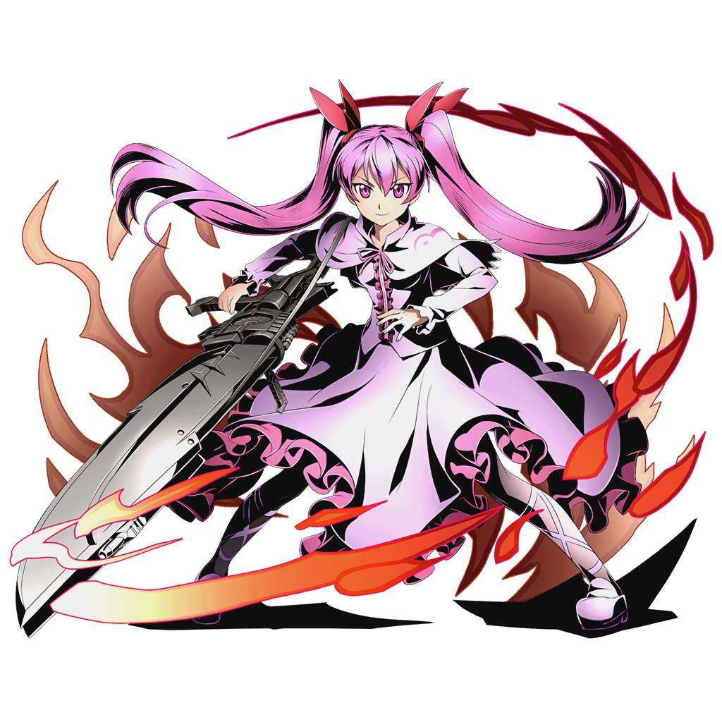 akame_ga_kill! alpha_transparency capelet divine_gate dress fire full_body gun gunblade hair_ribbon holding holding_gun holding_weapon lolita_fashion long_hair looking_at_viewer mine_(akame_ga_kill!) neck_ribbon official_art pink_dress pink_eyes pink_hair pink_ribbon red_ribbon ribbon smile solo transparent_background twintails ucmm very_long_hair weapon