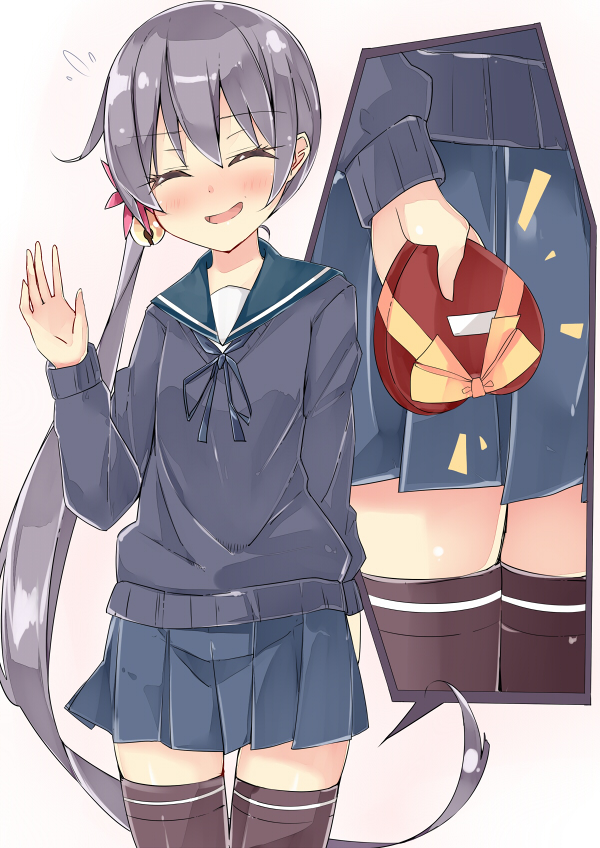 akebono_(kantai_collection) arm_behind_back bell beritabo black_legwear blush bow box closed_eyes flower flying_sweatdrops gift hair_bell hair_between_eyes hair_flower hair_ornament hairclip heart heart-shaped_box holding holding_gift jingle_bell kantai_collection long_hair multiple_views nervous_smile open_mouth pleated_skirt purple_eyes purple_hair purple_sweater remodel_(kantai_collection) school_uniform serafuku side_ponytail skirt sweater thighhighs thighs valentine very_long_hair