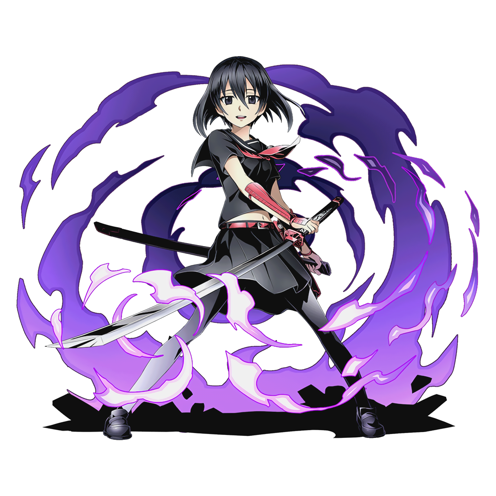 akame_ga_kill! alpha_transparency belt black_eyes black_hair black_shirt black_skirt divine_gate fire full_body hair_between_eyes holding holding_sheath holding_sword holding_weapon kurome_(akame_ga_kill!) looking_at_viewer navel official_art open_mouth pantyhose pleated_skirt school_uniform serafuku shadow sheath shirt short_hair skirt solo sword transparent_background ucmm unsheathed weapon