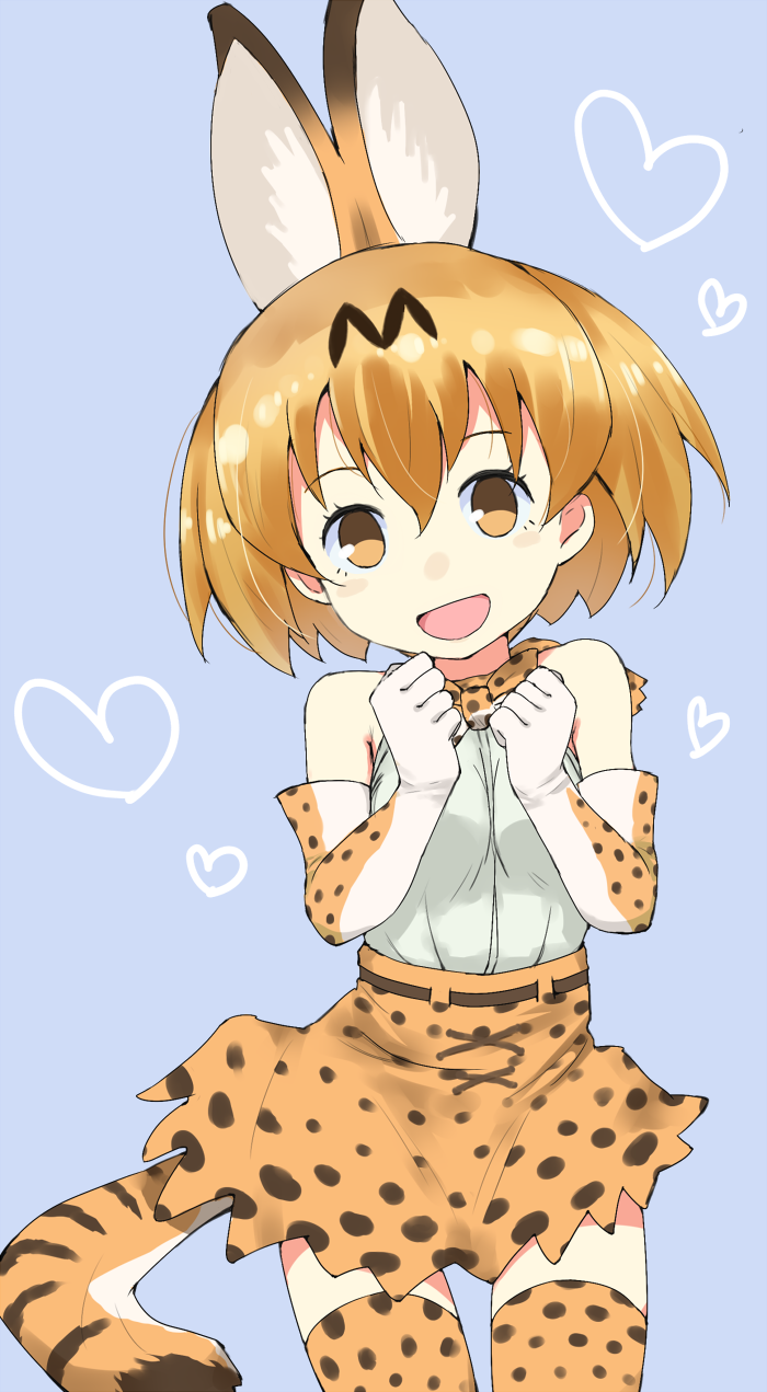 :d animal_ears bare_shoulders blue_background blush_stickers bow bowtie breast_press breasts clenched_hands cowboy_shot cross-laced_clothes elbow_gloves extra_ears eyebrows_visible_through_hair eyelashes gedou_(ge_ge_gedou) gloves hair_between_eyes heart highres kemono_friends light_brown_eyes looking_at_viewer medium_breasts open_mouth orange_hair ribbon-trimmed_clothes ribbon-trimmed_skirt ribbon_trim serval_(kemono_friends) serval_ears serval_print serval_tail shirt short_hair simple_background skirt sleeveless sleeveless_shirt smile solo striped_tail tail tareme thighhighs white_shirt zettai_ryouiki