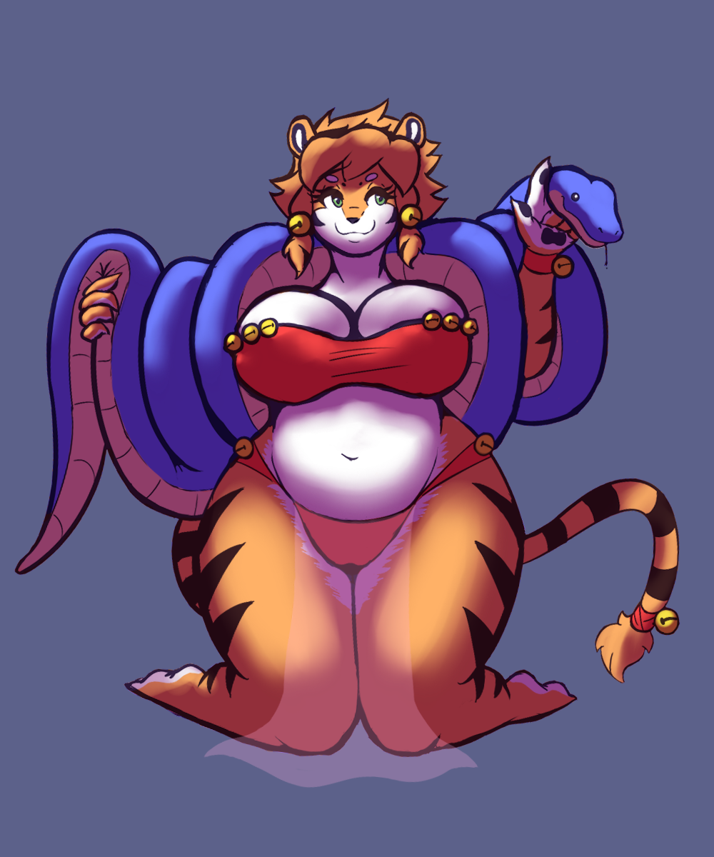 :3 abstract_background anthro barefoot big_breasts breasts clothing duo feline female mammal misterhinotori reptile sascha scalie slightly_chubby snake thick_thighs tiger wide_hips