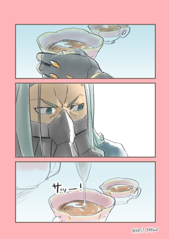 1boy 3koma comic covered_mouth cup gachimuchi green_eyes green_hair male_focus mask max_(ssss.gridman) silent_comic solo ssss.gridman teacup