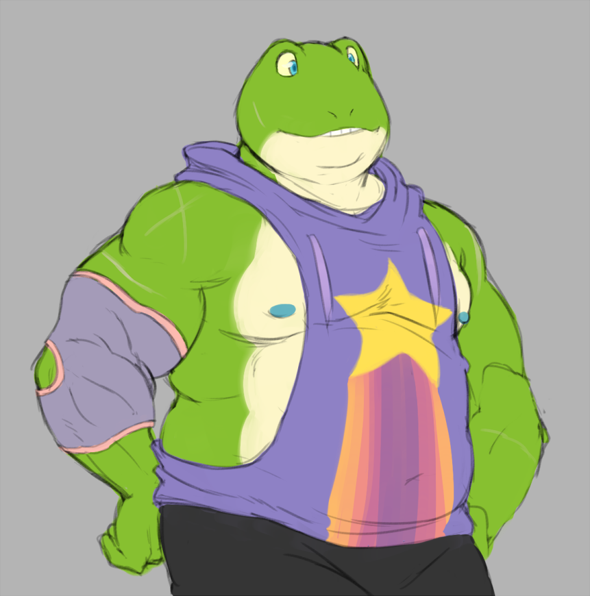 amphibian anthro clothing flat_colors frog hands_on_hips hoodie male moobs musclegut nintendo nipples overweight overweight_male scar shirt slippy_toad solo standing star_fox tank_top video_games wkd